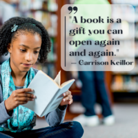 Girl reading a book in a library